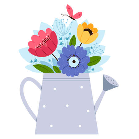 Spring decorative abstract bouquet in a watering can.Spring mood.Hand drawn flat illustration.のイラスト素材