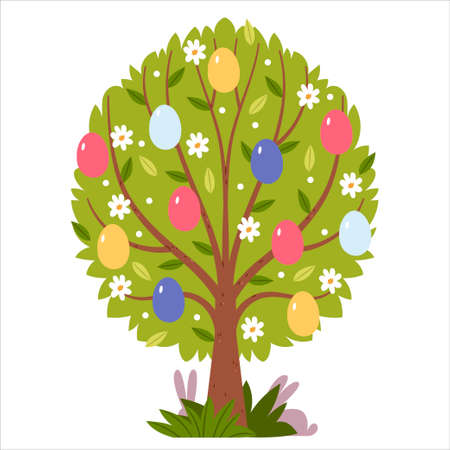 Easter colorful eggs on a spring tree.Postcard.Hand drawn flat illustration.のイラスト素材