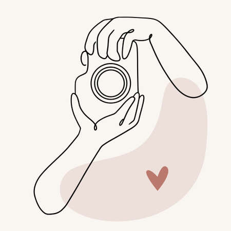Hand drawn hands taking photo in line art style. Sketch outline isolated minimalistic illustration.のイラスト素材