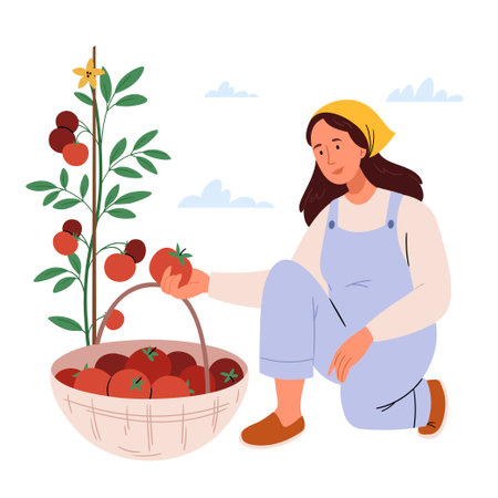 A girl picks tomatoes from a branch.Harvest concept.Hand drawn flat vector illustration isolated on white background.のイラスト素材
