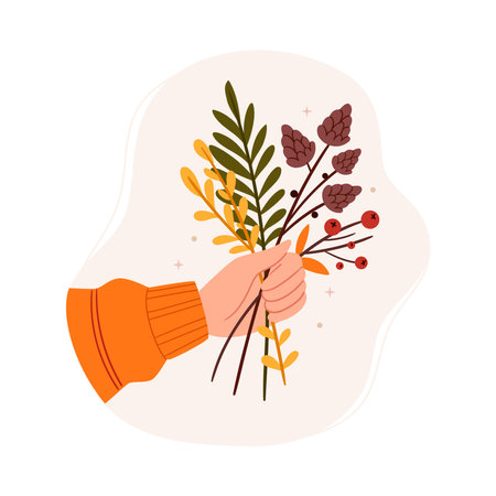 Autumn bouquet of branches in hand.Leaves and cones.Autumn mood.のイラスト素材