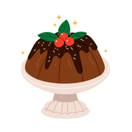 Christmas, winter, holiday cake. Christmas bread loaf. See festive dessert. Traditional Xmas bakery with berries, chocolate.のイラスト素材