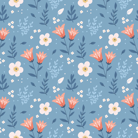 Seamless floral pattern with pink flowers and leaves on a blue background. Hand drawn style.Colored flat vector illustration. Repeating texture design.のイラスト素材