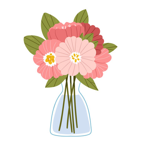 Bouquet of pink peonies in a modern vase.Hand drawn illustration.のイラスト素材