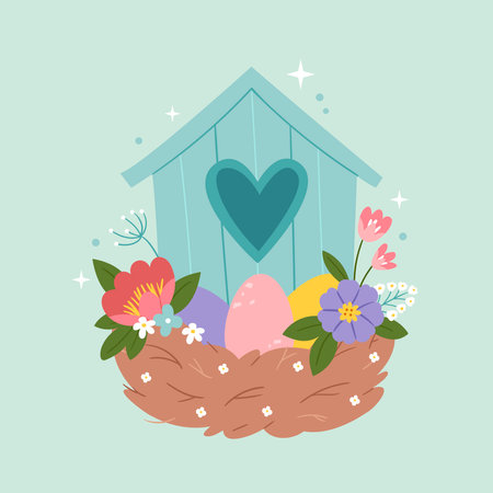 A birdhouse with a nest and Easter eggs. Spring composition in pastel colors.のイラスト素材