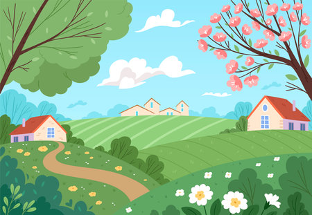 Flat spring landscape. Rural landscape with blooming trees and fields. Cute houses under the clouds. minimalism.のイラスト素材