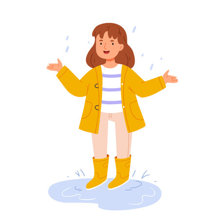 A girl in the rain in a yellow raincoat and rubber boots. cute autumn illustrationのイラスト素材