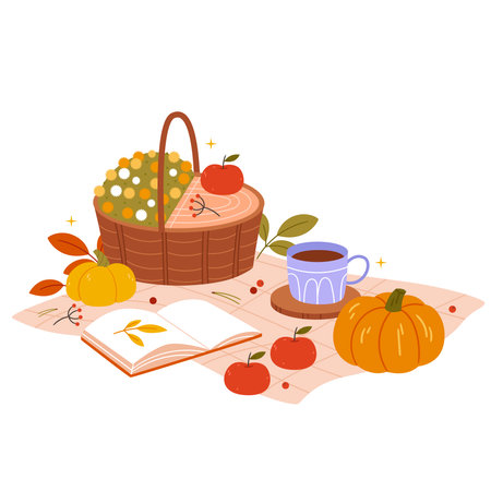 autumn picnic. Basket with fruits and chrysanthemums on a blanket. Pumpkin, coffee and a book. cute autumn illustrationのイラスト素材