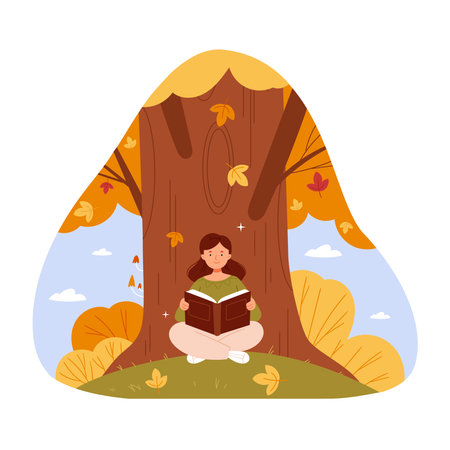 A girl is reading a book under an autumn tree. Leaves are falling. Cute autumn composition.のイラスト素材