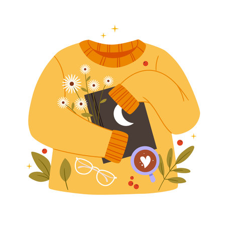 Autumn composition, Yellow autumn sweater, coffee, leaves, flowers and a magic book. Cozy illustrationのイラスト素材
