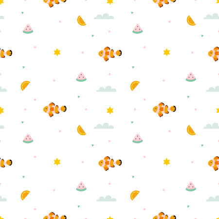 Summer pattern with fish and watermelons. Clownfish. Summer vibe, flat style.のイラスト素材