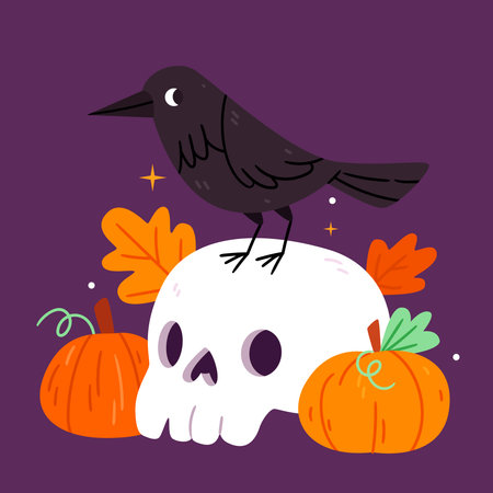 A crow sits on a skull near pumpkins. Spooky environment. Halloween. Autumn. Hand drawn styleのイラスト素材