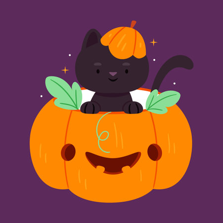 Black cat sitting in a Halloween pumpkin.Halloween.Autumn.Hand drawn styleのイラスト素材