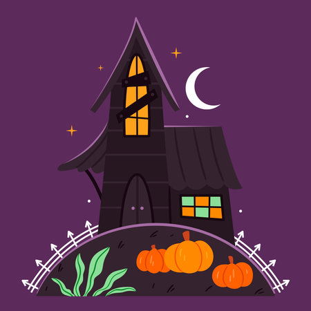 Old house in gothic style on the hill with pumpkins.Spooky environment.Halloween.Autumn.Hand drawn styleのイラスト素材