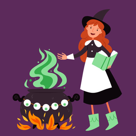 Cute witch is cooking a potion and looking at a book.Witch's cauldron.Halloween.Autumn.Hand drawn styleのイラスト素材