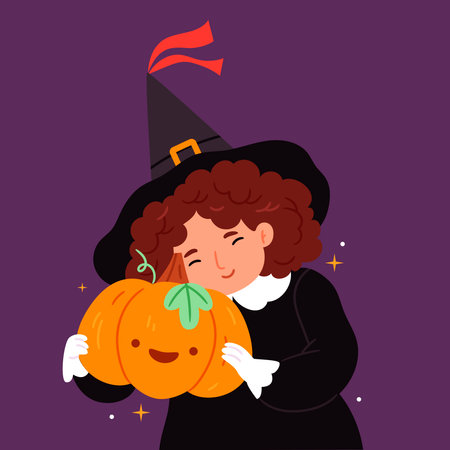 Cute little witch hugs a pumpkin.Halloween.Autumn.Hand drawn styleのイラスト素材
