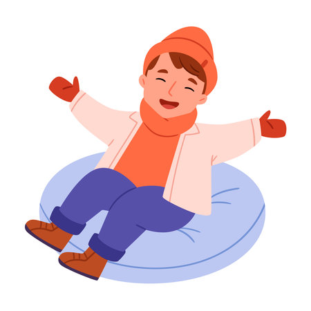 A cheerful child, the character goes tubing.Winter vacation. Hand drawn styleのイラスト素材
