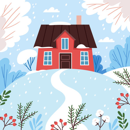 Winter. The red Scandinavian house stands on a snow hill. Winter landscape. Hand drawn styleのイラスト素材