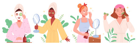 A set of women with a beauty routine.Women making facial massages, self care routine, moisturizing and hygiene, natural herbal productsのイラスト素材