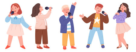 A set of singing children.Music school, kid vocal group and children choir sing. Children singing performance or school karaoke singer character.のイラスト素材