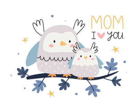 A mother owl and her baby owl are sitting on a branch. A picture for Mother's Day. Mom, I love you.のイラスト素材