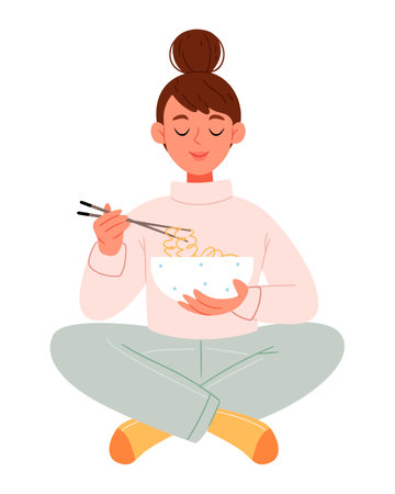 Positive hungry girl sitting eating spaghetti pasta noodles with sauce for dinner at home. Healthy lunch meal supper meal cooked and served in plateのイラスト素材