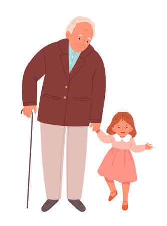 Cute little girl holding his grandfathers hand while walkingのイラスト素材