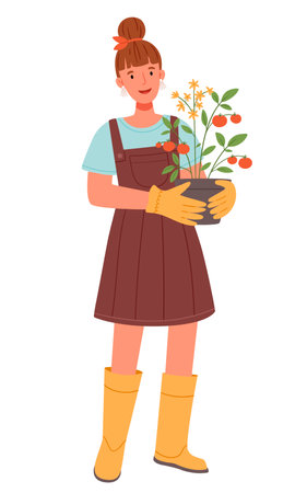 A gardener girl with a bush of tomatoes in her hands.のイラスト素材