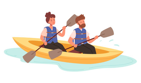 People enjoy active water sports vector illustration.Extreme man and woman rafting, kayaking, canoeing and sailing isolated. Diverse person in protective vestのイラスト素材