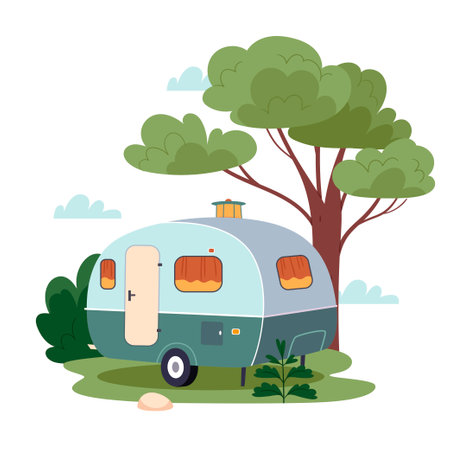 Travel caravan camper.Camping car.Adventure RV trailer.Isolated on white background. Vector flat illustration.のイラスト素材