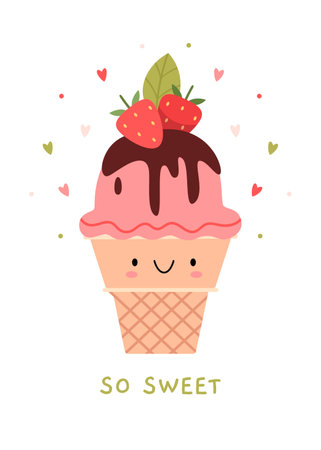 Cute cartoon ice cream character - vector illustration in flat style.のイラスト素材