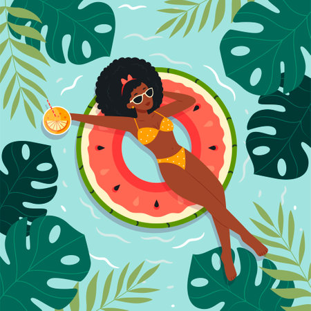 Relaxed black lady floating on inflatable ring and enjoying her cocktail drink at pool, top view. Tropical leaves, a lifebuoy in the form of a watermelon.Flat vector illustrationのイラスト素材