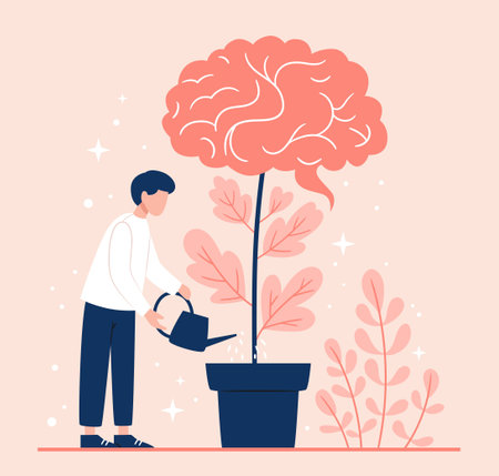 Man holds a watering can in his hand and waters a plant growing from his brain.Self improvement...