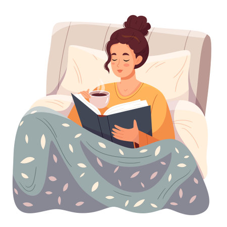Young woman relaxing with book and cup of tea in bed. Person reading literature at home. Novel reader resting under blanket on weekend. Flat vector illustration isolated on white backgroundのイラスト素材