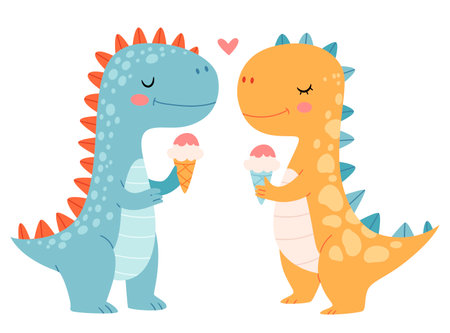 Two cute dinosaurs are eating ice cream.Funny prehistoric creature, animal or monster. Cute childish vector illustration for t-shirt print, stampのイラスト素材