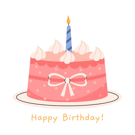 Happy Birthday greeting card.First 1st year Pink birthday cake with one candle.Flat vector illustration isolated on white background.のイラスト素材