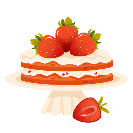 Cartoon Strawberry cake with cream. Delicious dessert food, bakery for birthday.のイラスト素材