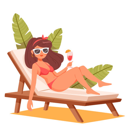 A girl in a swimsuit is sunbathing on a sun lounger with a cocktail in her hand.Summer vacation. Outdoor recreation. Young girl relax. Flat cartoon style.のイラスト素材