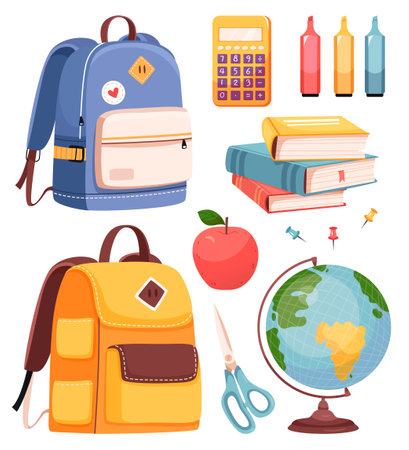School supplies set. Backpack, book, globe,apple, felt-tip pens, scissors.Back to school.Cute office supplies hand drawn.のイラスト素材