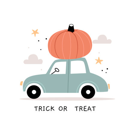 The car is carrying a large pumpkin.Fall season car with harvest isolated on white background. Cute adorable Halloween holiday illustration for kids in the Scandinavian style.のイラスト素材