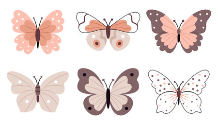 Set of butterflies in scandinavian, boho, minimalist style in beige neutral pastel colors.のイラスト素材