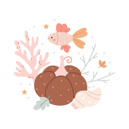 Autumn Composition of pumpkins and the underwater world. Surrealism. Cute autumn illustration in pastel colors.のイラスト素材