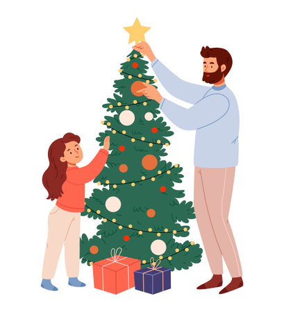 Dad and daughter decorate the Christmas tree.Family getting ready for the holiday. Dad and daughter are decorating a Christmas tree.のイラスト素材
