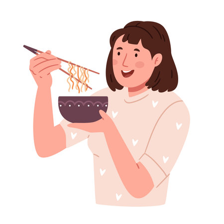 A girl eats noodles with chopsticks.Happy young woman character eating ramen noodles for dinnerのイラスト素材