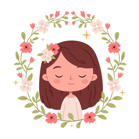 Portrait of a cute little girl in a frame of spring flowersのイラスト素材