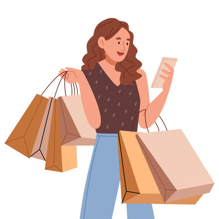 Online shopping. Stylish girl looking at phone and holding shopping bags.woman carrying shopping bags online with mobile phoneのイラスト素材