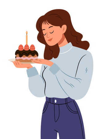 Girl holding a chocolate cake with strawberries and a candle.のイラスト素材