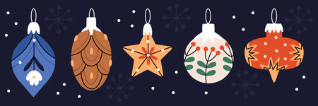 Vintage Christmas toys. Xmas vintage balls and retro decor for New Year. Flat vector illustrationのイラスト素材