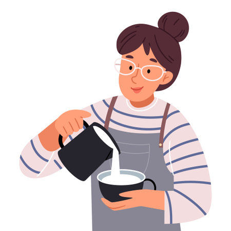 A cute barista with a milk jug in her hands makes a latte or cappuccino.のイラスト素材