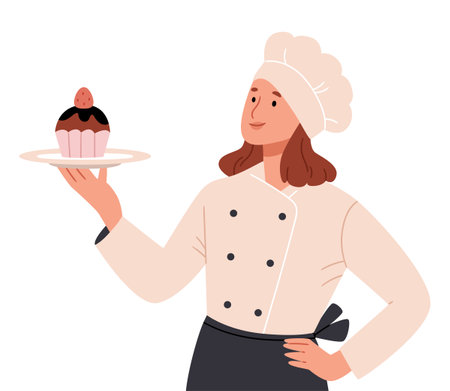A girl chef confectioner holds a cake on a plate.のイラスト素材
